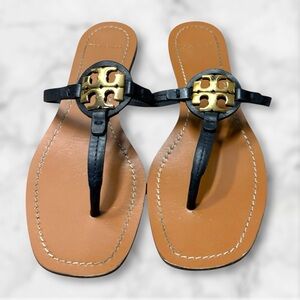 Tory Burch Mini Miller Thong Black and Tan Women's Flat Sandals Size 6.5